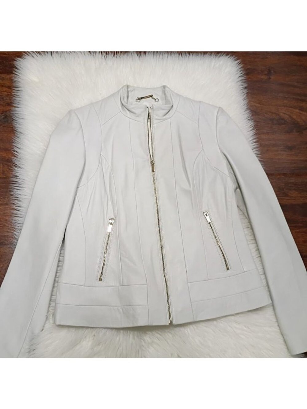Wilsons Leather M Buttersoft Womens Slate White Clean Preppy Jacket Zip Pockets - Picture 2 of 16